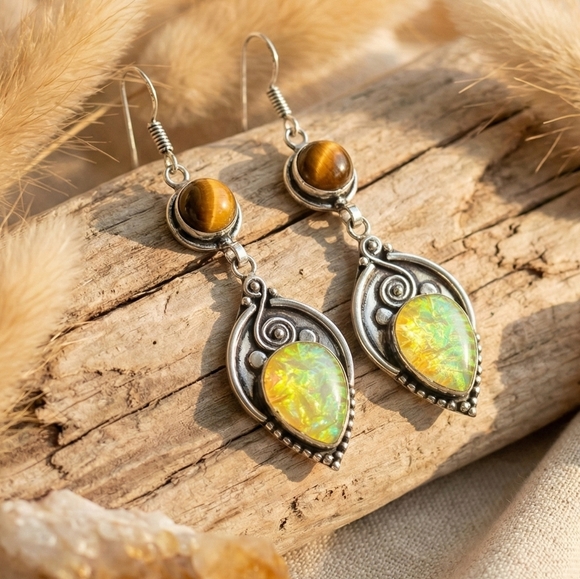 S925 Silver Tiger's Eye Triplet Opal Earrings 2.8" Handcrafted Boho Artisan Drop - Picture 8 of 16